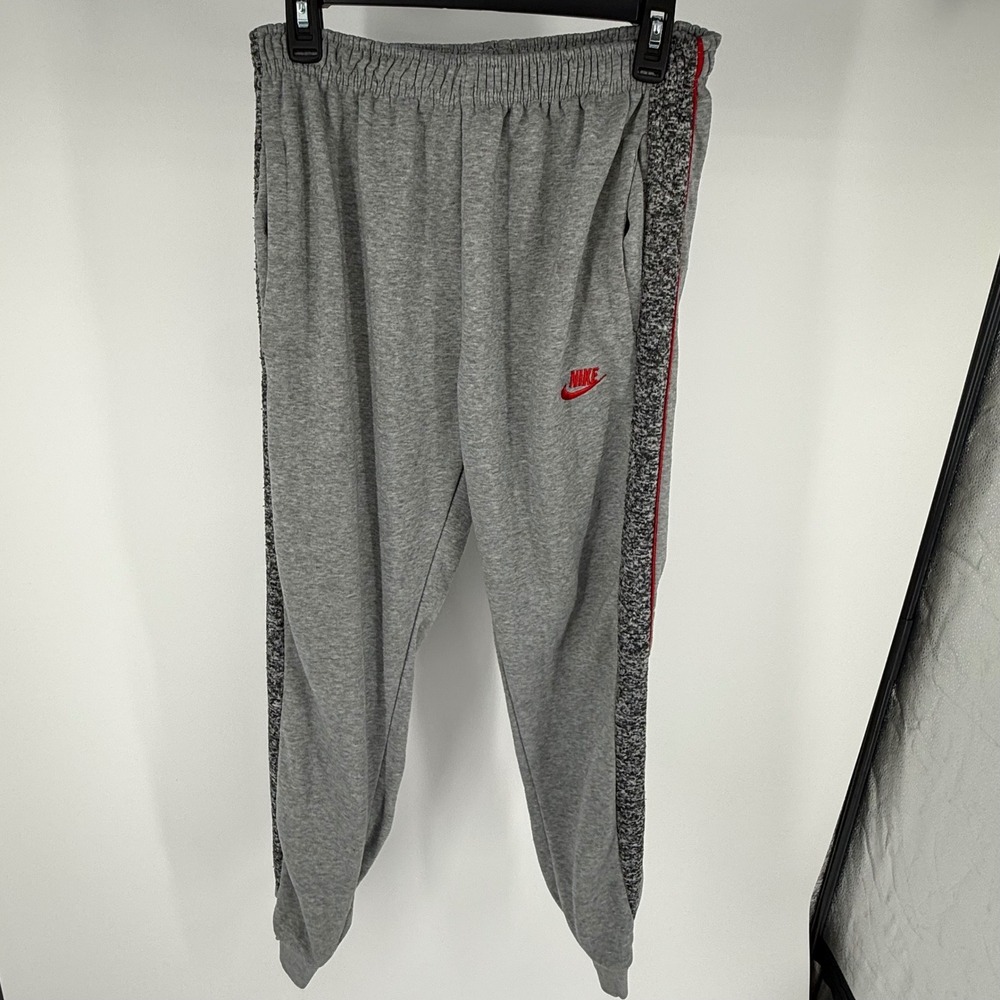 Nike Mens XL Grey Jogger Sweatpants Red Logo Side Stripe Fleece Tapered Pants - Picture 3 of 5